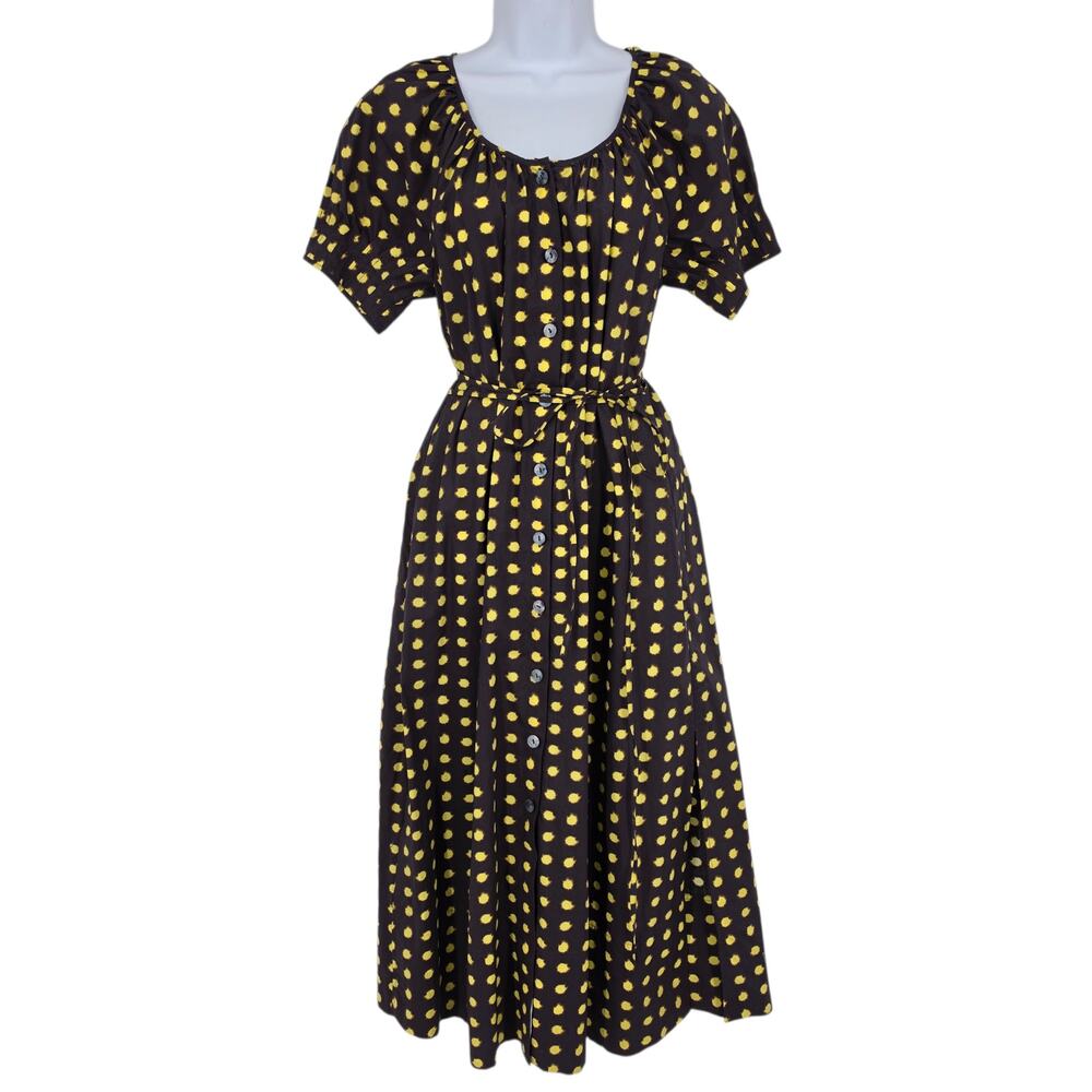 NWT J Crew Plum Brown Yellow Polka Dot Button Up Cotton Poplin Midi Dress Sz XS
